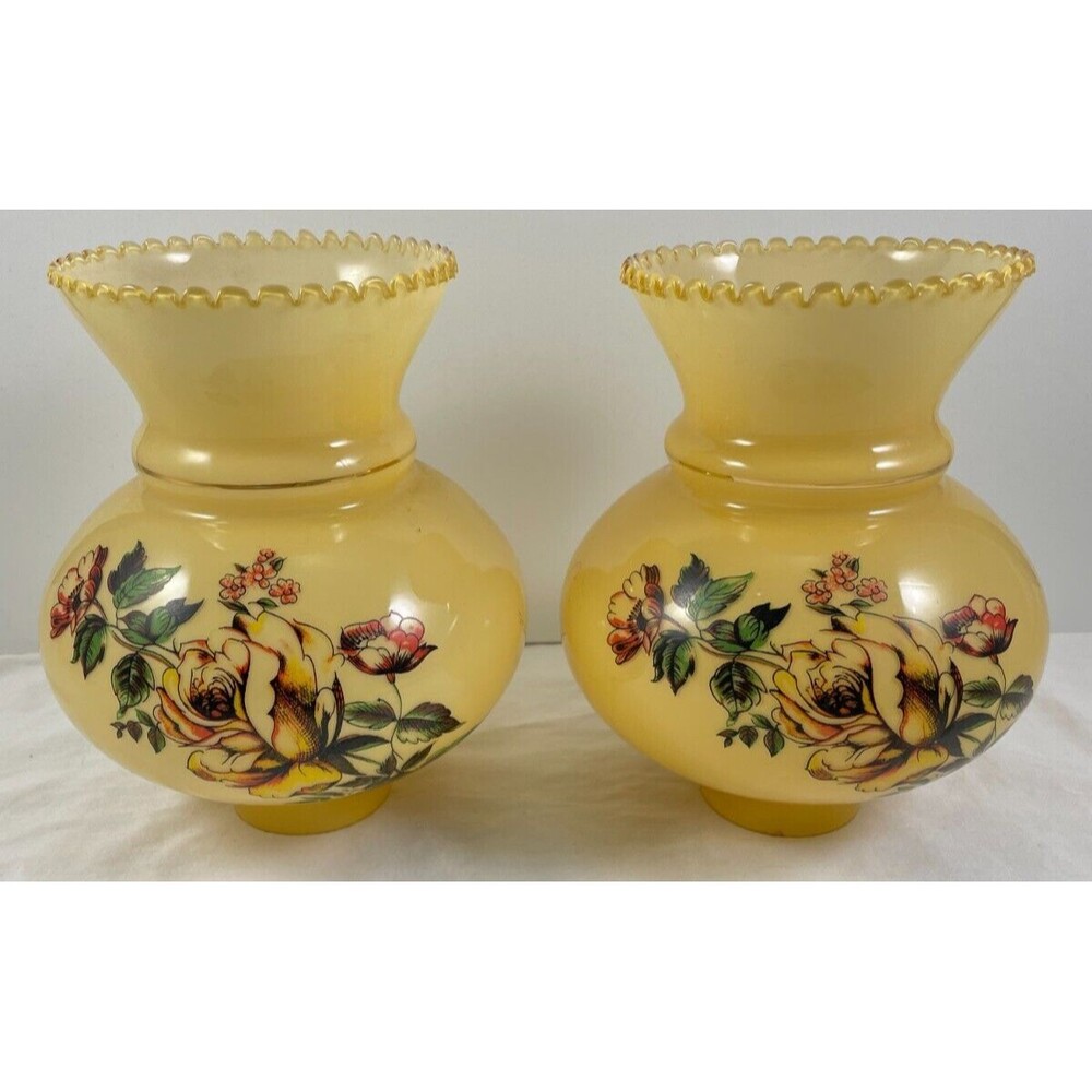 Glass Replacement Hurricane Lamp Shade Set of 2 Floral 2" Fit Crimped VTG Light